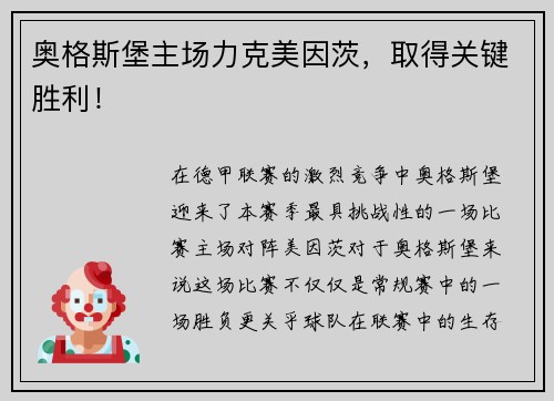 奥格斯堡主场力克美因茨，取得关键胜利！