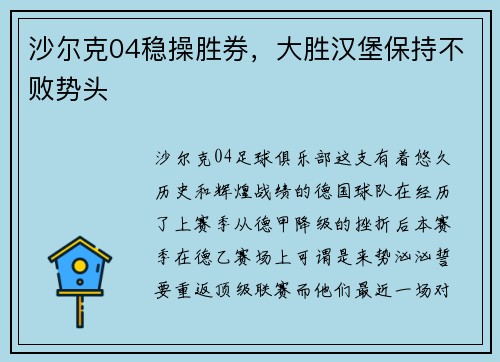 沙尔克04稳操胜券，大胜汉堡保持不败势头