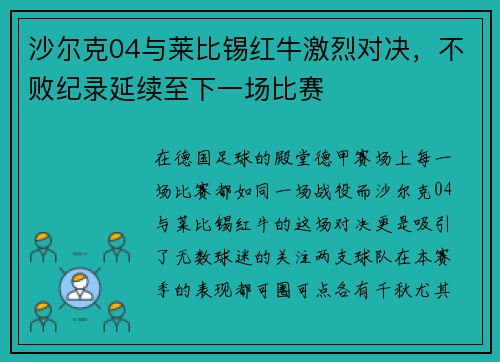 沙尔克04与莱比锡红牛激烈对决，不败纪录延续至下一场比赛